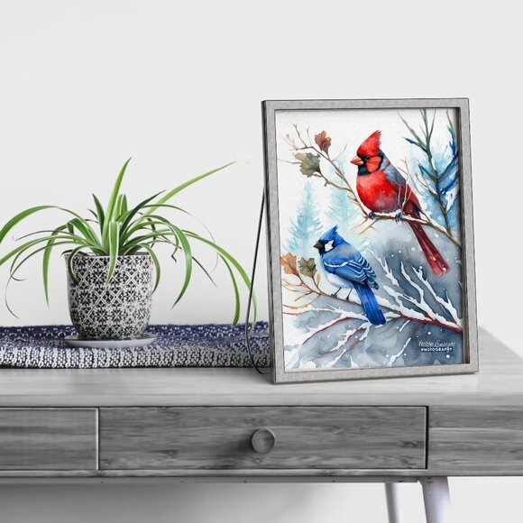 NobleCaptures Other - 4x6 Blue Jay Red‎ Cardinal Snow Birds Watercolor Illustration Painting Print